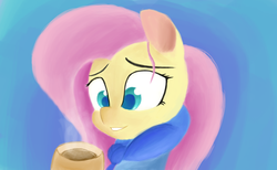 Size: 2184x1347 | Tagged: safe, artist:purpleblackkiwi, fluttershy, g4, bust, chocolate, colored pupils, cozy, cute, female, food, hot chocolate, looking at something, portrait, shyabetes, smiling, soft shading, solo, winter
