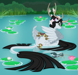 Size: 2294x2214 | Tagged: safe, artist:saturngrl, oc, oc only, oc:lady yin, bird, duck, kirin, original species, winged kirin, g4, black mane, bush, butt, calm, coast, colored lineart, complex background, curved horn, duckling, ears back, empress, feathered wings, featured image, female, floating, flower, flower bud, flower in hair, grass, gray coat, green eyes, high res, horn, horns, leonine tail, lilypad, long horn, long mane, long tail, looking at you, looking back, looking back at you, loose hair, lotus (flower), mandarin duck, neigh-beyul, outdoors, partially open wings, pegaduck, plot, pond, rear view, reflection, scrunchie, slit pupils, solo, swimming, tail, two toned coat, wall of tags, water, wings