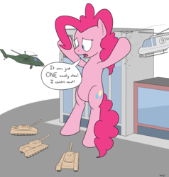 Size: 2609x2741 | Tagged: safe, artist:rapidstrike, pinkie pie, earth pony, pony, g4, bipedal, city, dialogue, exclamation point, female, giant pony, helicopter, high res, hooves up, macro, military, open mouth, request, requested art, solo, speech bubble, tank (vehicle)