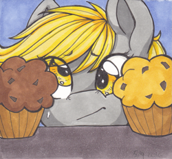 Size: 1231x1141 | Tagged: safe, artist:nothingspecialx9, derpy hooves, pegasus, pony, g4, atg 2016, choice, female, food, indecision, muffin, newbie artist training grounds, solo, traditional art