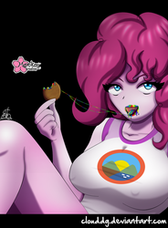 Size: 662x900 | Tagged: safe, artist:clouddg, pinkie pie, zombie, 28 pranks later, equestria girls, g4, my little pony equestria girls: legend of everfree, big breasts, breasts, clothes, cookie, cookie zombie, female, food, rainbow muzzle, solo, tongue out