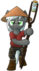 Size: 400x734 | Tagged: safe, artist:moemneop, oc, oc only, pony, asian conical hat, bipedal, clothes, hat, hourglass, solo, staff