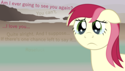 Size: 7109x4053 | Tagged: safe, artist:sketchmcreations, roseluck, earth pony, pony, g4, absurd resolution, beach, doctor who, doomsday, floppy ears, inkscape, rose tyler, sad, text, vector