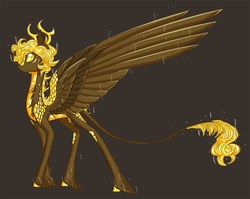 Size: 1321x1053 | Tagged: safe, artist:australian-senior, oc, oc only, oc:cosmo invictus, alicorn, dracony, hybrid, kirin, pony, kirindos, alternate universe, antlers, brown background, colored hooves, colored sclera, crossover, golden eyes, leonine tail, portal, portal (valve), portal 2, scales, simple background, solo, space core, unshorn fetlocks