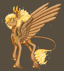 Size: 927x1027 | Tagged: safe, artist:australian-senior, oc, oc only, oc:delly invictus, alicorn, dracony, hybrid, kirin, pony, kirindos, alternate universe, antlers, brown background, colored hooves, colored sclera, crossover, curiosity core, golden eyes, leonine tail, ponified, portal, portal (valve), portal 2, scales, simple background, solo, unshorn fetlocks