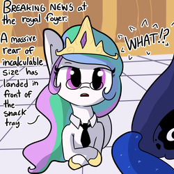 Size: 1280x1280 | Tagged: safe, artist:tjpones, princess celestia, princess luna, pony, g4, breaking news, butt, cute, dialogue, female, glasses, looking at you, mare, missing horn, moonbutt, necktie, open mouth, plot, sibling rivalry, the ass was fat