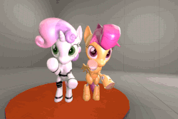 Size: 720x480 | Tagged: safe, artist:fillerartist, edit, scootaloo, sweetie belle, pegasus, pony, robot, robot pony, unicorn, g4, 3d, animated, dancing, duo, error, female, gif, hooves, horn, scootabot, source filmmaker, stage.bsp, sweetie bot, test, the robot