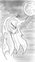 Size: 720x1280 | Tagged: safe, artist:arcanelexicon, queen chrysalis, changeling, changeling queen, g4, crown, female, jewelry, monochrome, moon, regalia, solo