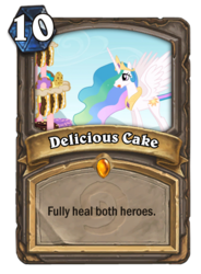 Size: 400x543 | Tagged: safe, edit, screencap, princess celestia, pony, g4, cake, cakelestia, card, female, food, hearthstone, mare, meta, solo, warcraft