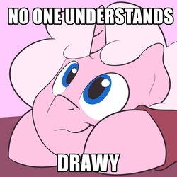 Size: 1024x1024 | Tagged: safe, artist:timidwithapen, oc, oc only, oc:drawalot, pony, unicorn, clothes, image macro, jumper, meme, text
