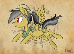 Size: 1024x751 | Tagged: safe, artist:flourret, daring do, pegasus, pony, g4, bandana, compass, ear fluff, female, hat, mare, neck fluff, ponytail, signature, smiling, solo, tree