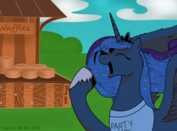 Size: 1024x757 | Tagged: safe, artist:soanos, princess luna, g4, spoiler:comic09, food, magic shirt, style emulation, waffle