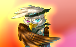 Size: 1024x640 | Tagged: safe, artist:n-prophet, oc, oc only, oc:charlene, griffon, bandana, bedroom eyes, clothes, cute, heterochromia, scarf, solo