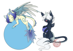 Size: 1024x713 | Tagged: safe, artist:crimsonnight888, oc, oc only, oc:nova, oc:sunset, ball, feathered tail, happy, horn, paws, tongue out, wings