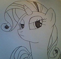 Size: 400x385 | Tagged: safe, artist:dcdavid28, rarity, g4, the ticket master, annoyed, black and white, fabulous, female, frown, generosity, grayscale, lidded eyes, looking at you, monochrome, solo, traditional art