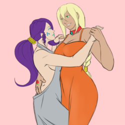 Size: 857x858 | Tagged: safe, artist:eve-ashgrove, applejack, rarity, human, g4, alternate hairstyle, alternative cutie mark placement, amazon, back, bedroom eyes, breasts, choker, cleavage, clothes, dancing, dress, eye contact, facial cutie mark, female, grin, handy marks, height difference, humanized, lesbian, lipstick, open-back dress, scar, ship:rarijack, shipping, sideboob, size difference, smiling