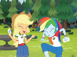 Size: 720x540 | Tagged: safe, screencap, applejack, rainbow dash, equestria girls, g4, my little pony equestria girls: legend of everfree, animated, cropped, dancing, duo, female, gif, speed up