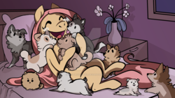 Size: 1024x576 | Tagged: safe, artist:szczurzyslawa, fluttershy, dog, g4, cute, deviantart watermark, fanfic art, licking, missing cutie mark, obtrusive watermark, puppy, shyabetes, teary eyes, tongue out, watermark, weapons-grade cute