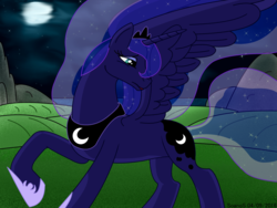 Size: 1024x768 | Tagged: safe, artist:soanos, princess luna, g4, female, hill, lake, moon, newbie artist training grounds, night, raised hoof, solo, spread wings, water