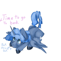 Size: 2000x2000 | Tagged: safe, artist:daniefox, princess luna, classical unicorn, g4, cloven hooves, cute, female, filly, high res, horn, implied princess celestia, leonine tail, looking up, offscreen character, prone, sad, simple background, solo, spread wings, transparent background, unshorn fetlocks, woona