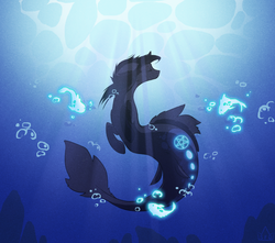 Size: 1130x1000 | Tagged: safe, artist:pon-ee, oc, oc only, oc:grimhollow, fish, merpony, bioluminescent, bubble, coral, crepuscular rays, dorsal fin, eyes closed, fin, fins, fish tail, flowing mane, flowing tail, male, ocean, scales, smiling, solo, stallion, sunlight, swimming, tail, underwater, water