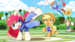 Size: 1920x1080 | Tagged: safe, artist:banzatou, applejack, rainbow dash, oc, oc:bahn satori, oc:sohma, pony, buckball season, g4, buckball, bucking, clothes, magic, scarf, telekinesis