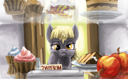 Size: 1200x740 | Tagged: safe, artist:da-exile, derpy hooves, pegasus, pony, g4, apple, cake, candy, cupcake, female, food, looking at you, mare, newbie artist training grounds, solo