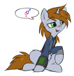 Size: 676x694 | Tagged: safe, artist:hioshiru, edit, oc, oc only, oc:littlepip, pony, unicorn, fallout equestria, bedroom eyes, blushing, cheek fluff, clothes, cute, fanfic, fanfic art, female, flirting, fluffy, hetero littlepip, hooves, horn, jumpsuit, littlepip's suggestions, male, mare, meme, open mouth, out of character, pictogram, pipbuck, simple background, solo, straight, vault suit, white background