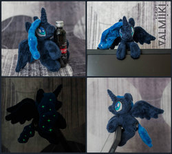 Size: 1197x1067 | Tagged: safe, artist:valmiiki, princess luna, g4, cute, female, filly, glow in the dark, glowing, glowing mane, irl, photo, plushie, solo, stars, tiny ponies, toy, woona, younger