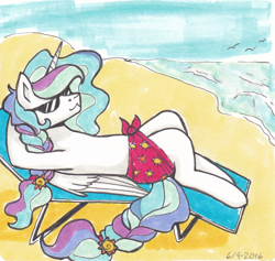 Size: 1214x1149 | Tagged: safe, artist:nothingspecialx9, princess celestia, alicorn, pony, g4, :3, beach, beach chair, braid, braided tail, chair, female, newbie artist training grounds, sarong, solo, sunbathing, sunglasses, traditional art