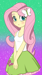 Size: 750x1334 | Tagged: safe, artist:burning-heart-brony, fluttershy, equestria girls, g4, blushing, clothes, cute, dress, female, fluttershy's skirt, hairpin, hands together, phone wallpaper, shyabetes, skirt, solo, tank top