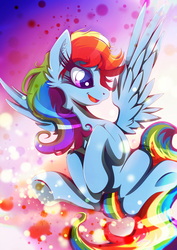 Size: 1358x1920 | Tagged: safe, artist:rariedash, rainbow dash, g4, female, flying, open mouth, solo