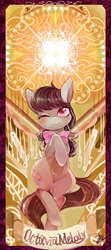 Size: 399x900 | Tagged: safe, artist:sibashen, octavia melody, g4, banner, colored pupils, crossed hooves, crossed legs, female, one eye closed, solo, wink