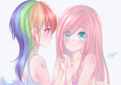 Size: 2000x1413 | Tagged: safe, artist:odaefnyo, fluttershy, rainbow dash, human, g4, alternative cutie mark placement, cute, female, humanized, lesbian, looking at each other, ship:flutterdash, shipping, shoulder cutie mark, simple background, tallerdash, white background