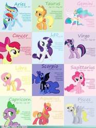 Size: 500x667 | Tagged: safe, apple bloom, applejack, big macintosh, derpy hooves, fluttershy, nightmare moon, pinkie pie, princess celestia, rainbow dash, rarity, spike, twilight sparkle, earth pony, pony, g4, cardboard twilight, horoscope, male, mane seven, mane six, needs more jpeg, stallion, stock vector