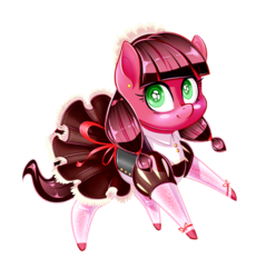 Size: 2480x2692 | Tagged: safe, artist:terkatoriam, oc, oc only, oc:macdolia, earth pony, pony, chibi, clothes, cute, ear piercing, earring, french maid, high res, jewelry, maid, maid headdress, piercing, pigtails, pointy ponies, stockings