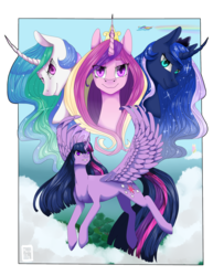 Size: 3400x4400 | Tagged: safe, artist:maria-fly, fluttershy, princess cadance, princess celestia, princess luna, rainbow dash, twilight sparkle, alicorn, pony, g4, alicorn tetrarchy, cloud, curved horn, flying, forest, horn, looking at you, royal sisters, sky, twilight sparkle (alicorn)