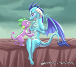 Size: 2278x2000 | Tagged: safe, artist:falleninthedark, artist:stepandy, princess ember, spike, dragon, g4, gauntlet of fire, bedroom eyes, blushing, cute, female, high res, looking at each other, male, patreon, patreon logo, ship:emberspike, shipping, smiling