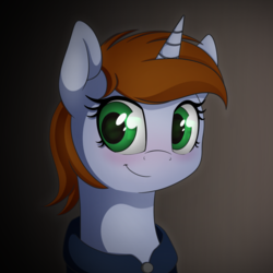Size: 1024x1024 | Tagged: source needed, safe, artist:allyster-black, oc, oc only, oc:littlepip, pony, unicorn, fallout equestria, blushing, bust, clothes, cute, fanfic, fanfic art, female, gradient background, horn, jumpsuit, mare, pipabetes, portrait, smiling, solo, vault suit