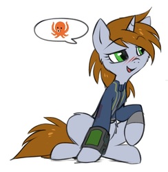Size: 676x694 | Tagged: safe, artist:hioshiru, edit, oc, oc only, oc:littlepip, octopus, pony, unicorn, fallout equestria, blushing, cheek fluff, clothes, emoji, fanfic, fanfic art, female, fluffy, hooves, horn, jumpsuit, littlepip's suggestions, mare, open mouth, pictogram, pipbuck, simple background, sitting, smiling, solo, tentacles, vault suit, white background