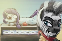 Size: 800x531 | Tagged: safe, artist:sa1ntmax, rarity, zecora, pony, unicorn, zebra, tabun art-battle, g4, cooked alive, cooking, female, hungry, implied cannibalism, mare, person as food, this will end in pain