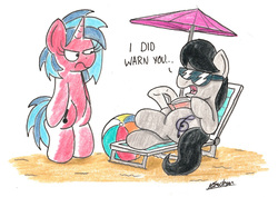 Size: 1998x1411 | Tagged: safe, artist:bobthedalek, dj pon-3, octavia melody, vinyl scratch, earth pony, pony, unicorn, g4, beach, sunburn, sunglasses, traditional art