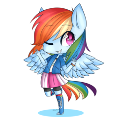 Size: 2000x2048 | Tagged: safe, artist:shiromidorii, rainbow dash, equestria girls, g4, chibi, female, grin, high res, one eye closed, peace sign, ponied up, raised leg, simple background, smiling, solo, transparent background