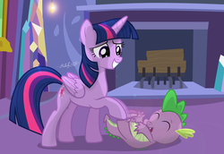 Size: 3420x2356 | Tagged: safe, artist:shutterflyeqd, spike, twilight sparkle, alicorn, pony, g4, cute, duo, eyes closed, fireplace, high res, laughing, motion blur, open mouth, signature, spikelove, tickling, twilight sparkle (alicorn), twilight's castle