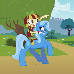 Size: 700x700 | Tagged: safe, artist:suxt0hax, trixie, pony, unicorn, g4, crossover, doll, duo, emilia, female, humans riding ponies, mare, riding, sitio do picapau amarelo, toy