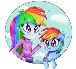 Size: 1024x938 | Tagged: safe, artist:vixelzf, rainbow dash, human, equestria girls, g4, clothes, colored pupils, cute, dashabetes, female, heart, hoodie, human ponidox, open mouth, pants, self ponidox, smiling, solo