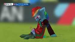 Size: 2199x1224 | Tagged: safe, artist:segraece, rainbow dash, moth, semi-anthro, g4, clothes, cristiano ronaldo, euro 2016, female, football, injured, pain, portugal, solo, wingless