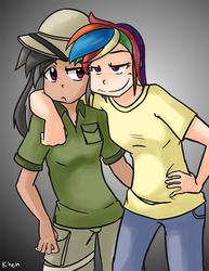 Size: 612x792 | Tagged: safe, artist:kprovido, daring do, rainbow dash, human, g4, stranger than fan fiction, butt touch, clothes, duo, hand on butt, hug, humanized, scene interpretation, shirt