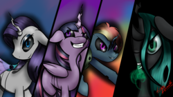 Size: 1280x720 | Tagged: safe, artist:lupo-lycanth, queen chrysalis, rainbow dash, rarity, twilight sparkle, alicorn, changeling, pony, g4, grin, race swap, smiling, twilight sparkle (alicorn)