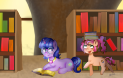 Size: 1024x650 | Tagged: safe, artist:arioodle, oc, oc only, oc:fae, oc:muffaletta sandwich, book, glasses, library, next generation, offspring, parent:cheese sandwich, parent:flash sentry, parent:pinkie pie, parent:twilight sparkle, parents:cheesepie, parents:flashlight, tongue out